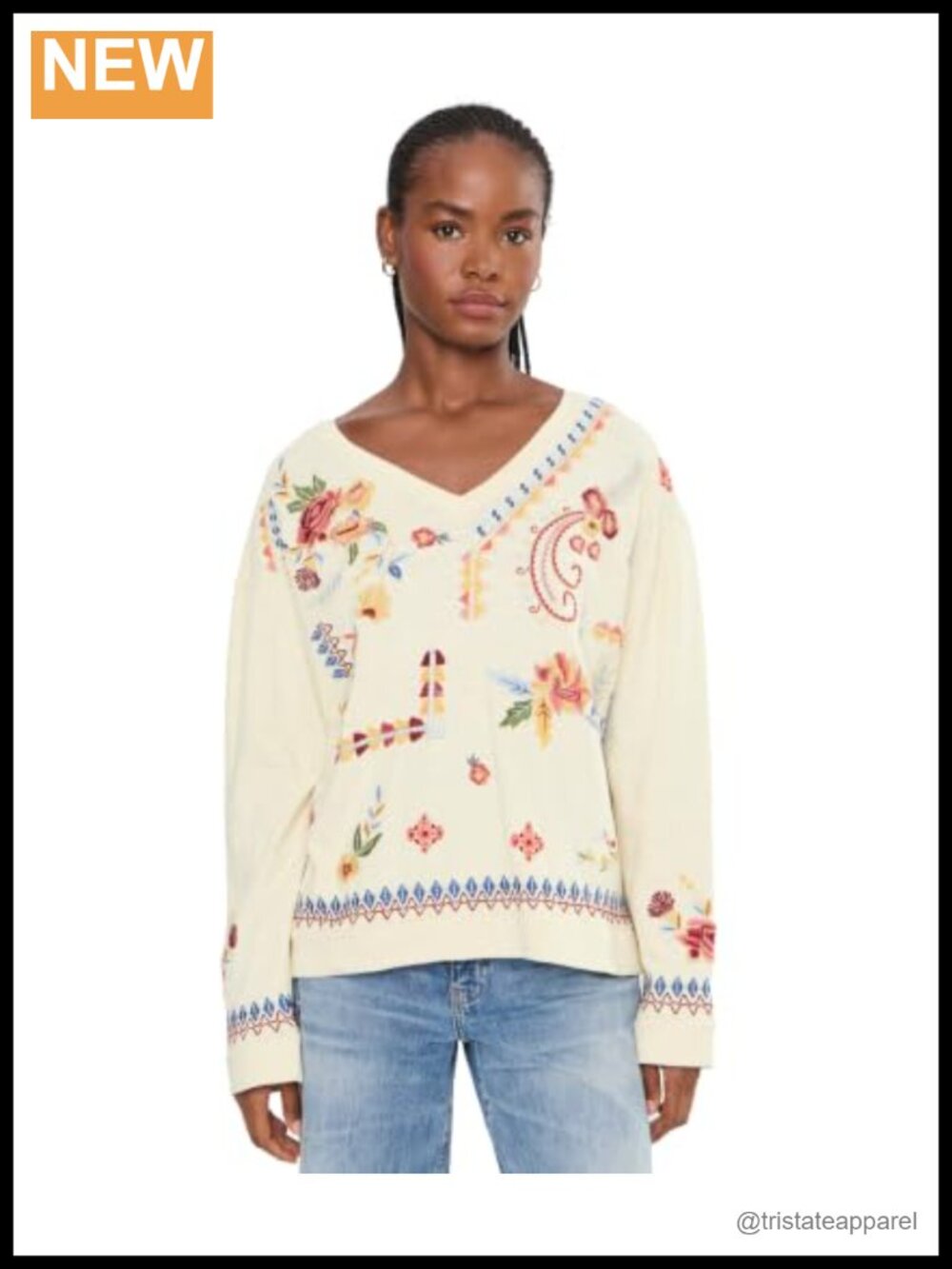 Karyn Seo Charlie Top 100% Cotton Relaxed Fit V-Neck Long Sleeve Blouse